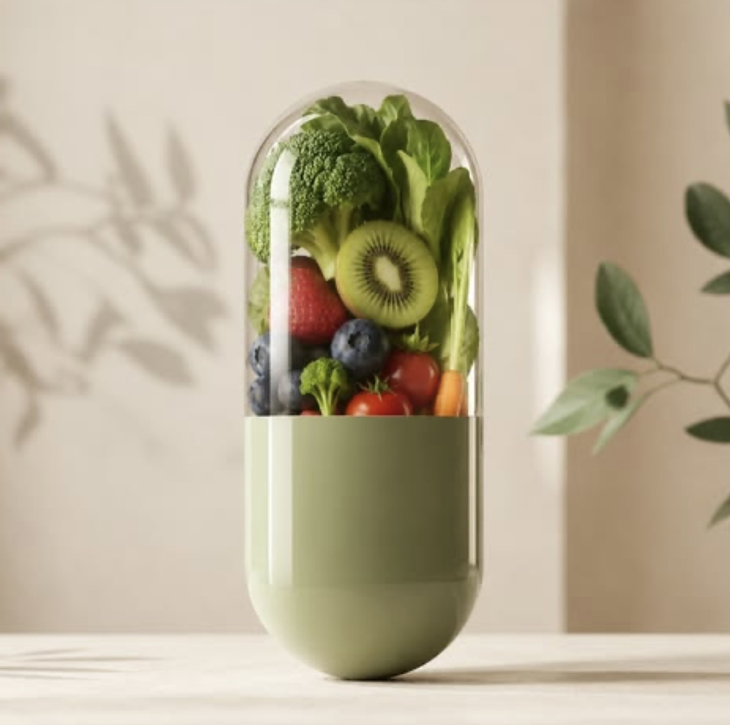 野菜や果物、ナッツと抗酸化サプリを対比した食卓イメージ